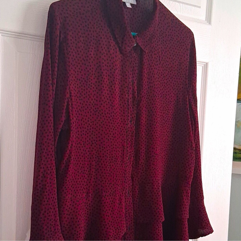 Habitat Womens M Burgundy Black Polka Dot Collared Button Up Long Sleeve Blouse